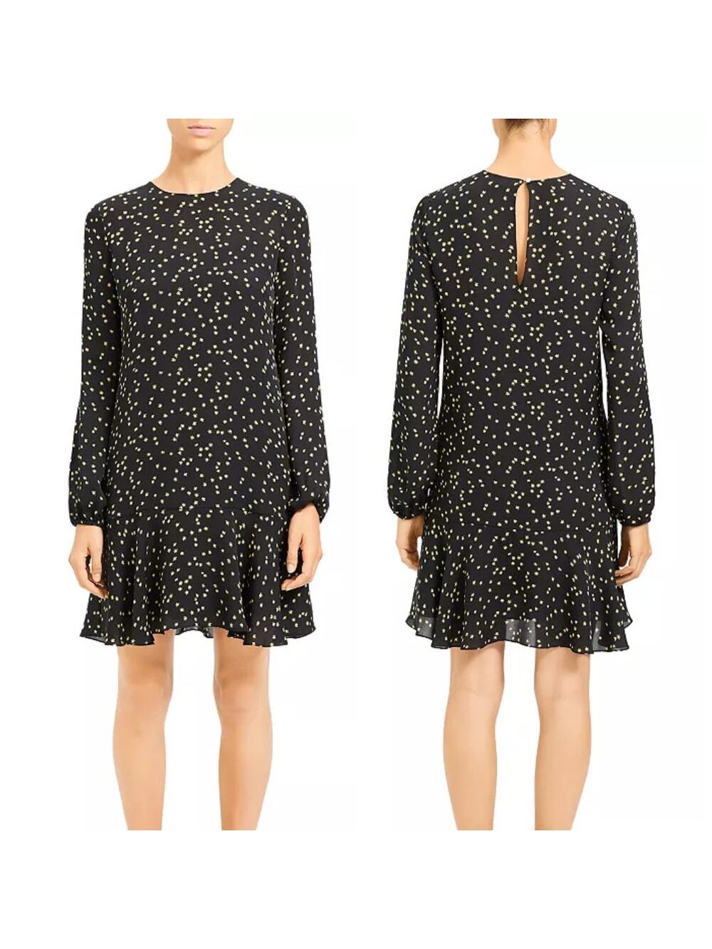 Theory Black & Yellow Star Print Silk Long Sleeve Flare Mini Dress - Picture 1 of 14